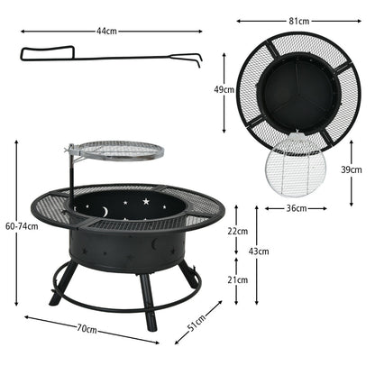 Outdoor Fire Pit with Removable BBQ Grill and Log Grate