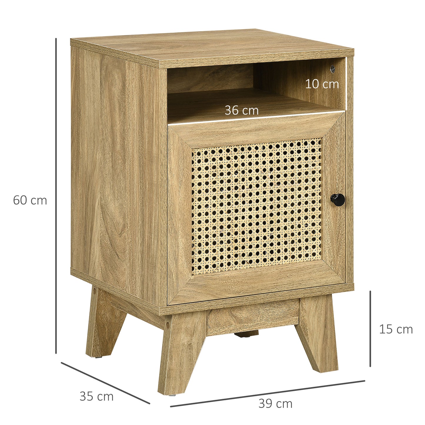 HOMCOM Bedside Table with Rattan Element, Side End Table with Shelf and Cupboard, 39cmx35cmx60cm, Natural