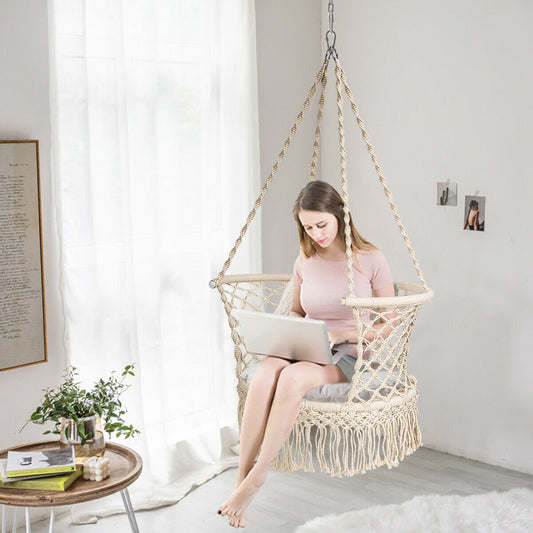 Hanging Swing Chair with Tassels-White