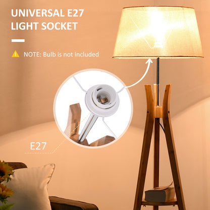 HOMCOM Tripod Floor Lamp Light E27 Base Bedroom Living Room Natural Wood Fabric Shade Storage Shelf Foot Switch, 156cm, Beige