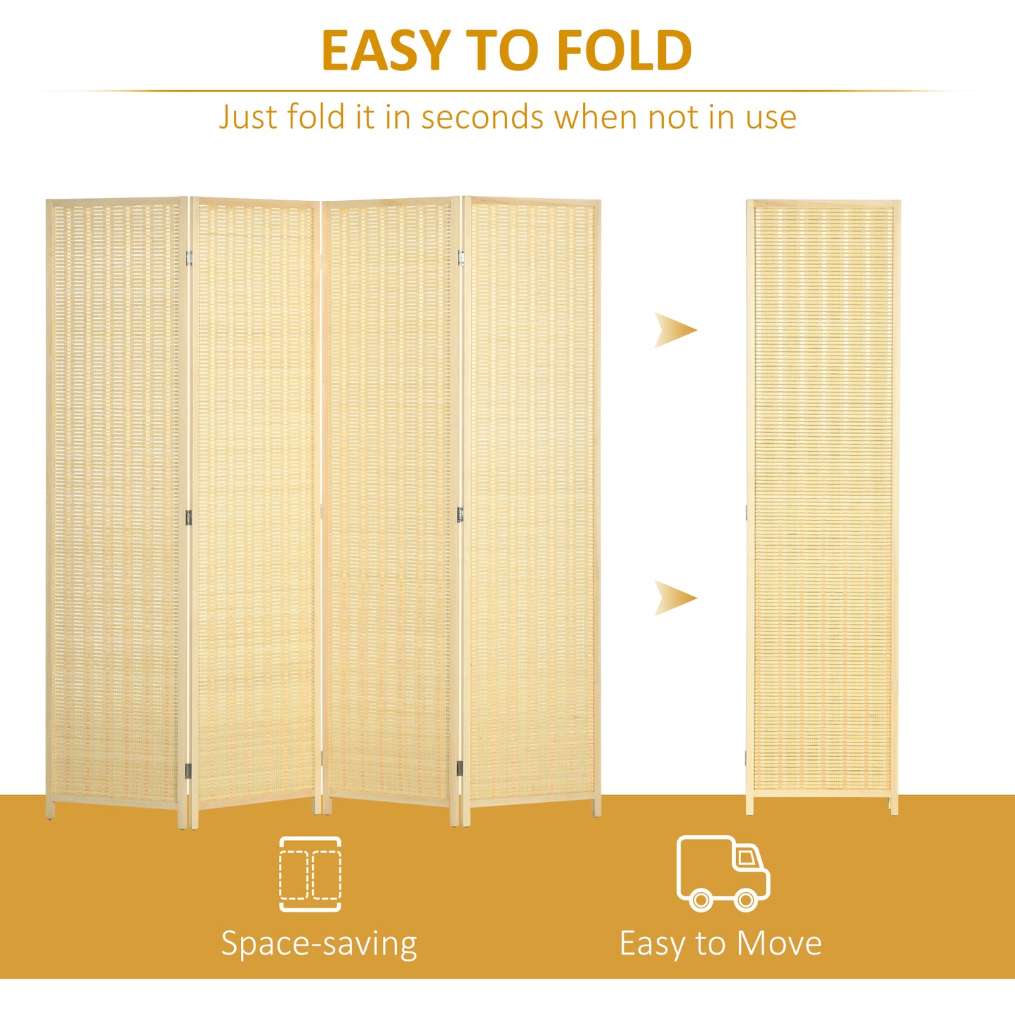 HOMCOM 4 Panel Folding Room Divider Screen, Wall Panel Privacy Furniture, Freestanding Paravent Partition Separator for Bedroom, 180 x 180cm, Natural