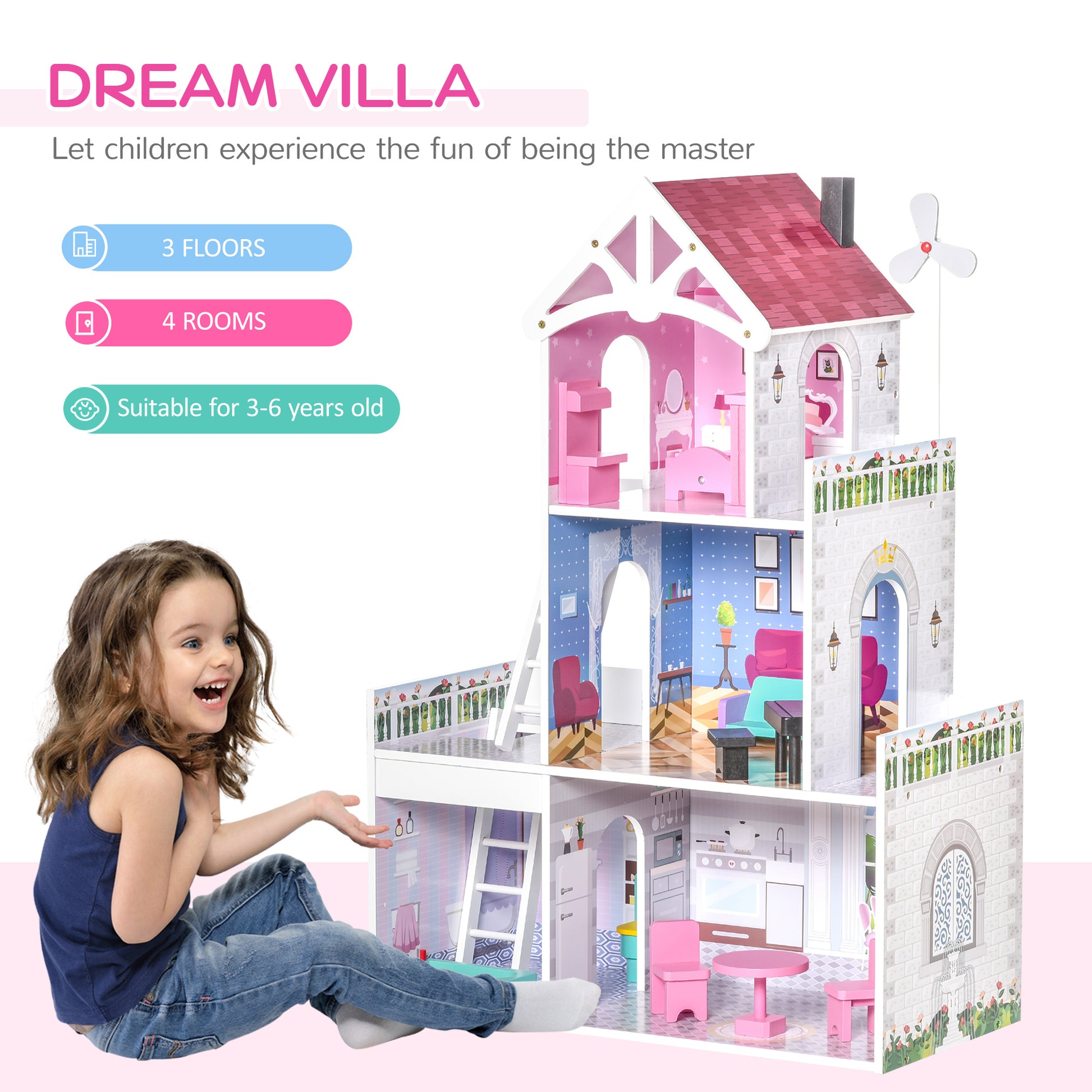 HOMCOM Kids Dollhouse Dreamhouse Villa for Toddler Girls Multi-level House for Children with Furniture Accessories Kit Pink