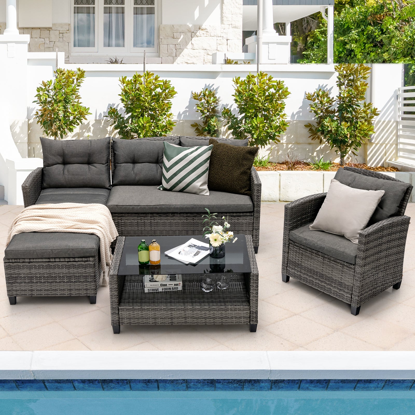 4 PCS Patio Furniture Set with Extra Pillows and Cushions-Grey