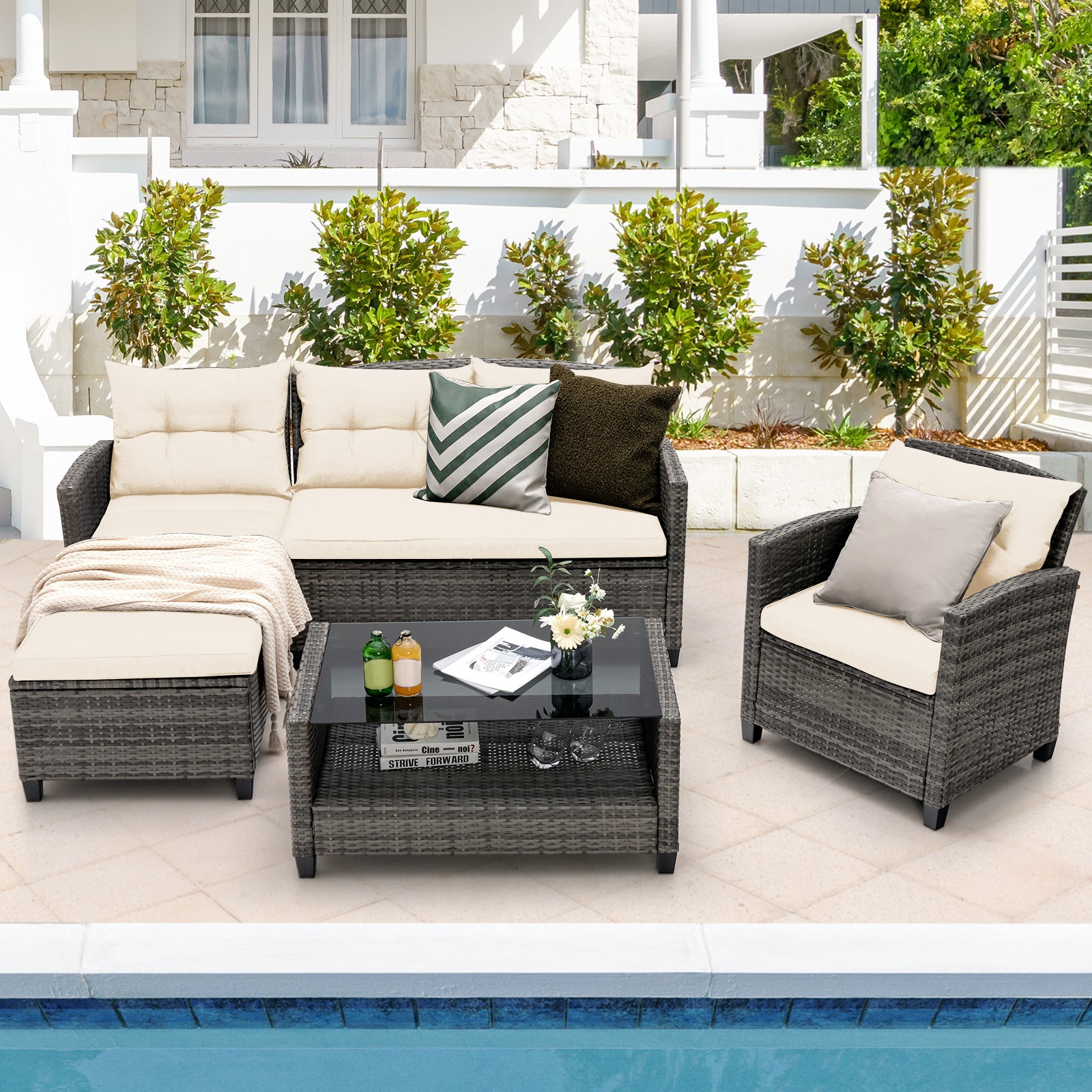 4 PCS Patio Furniture Set with Extra Pillows and Cushions-White