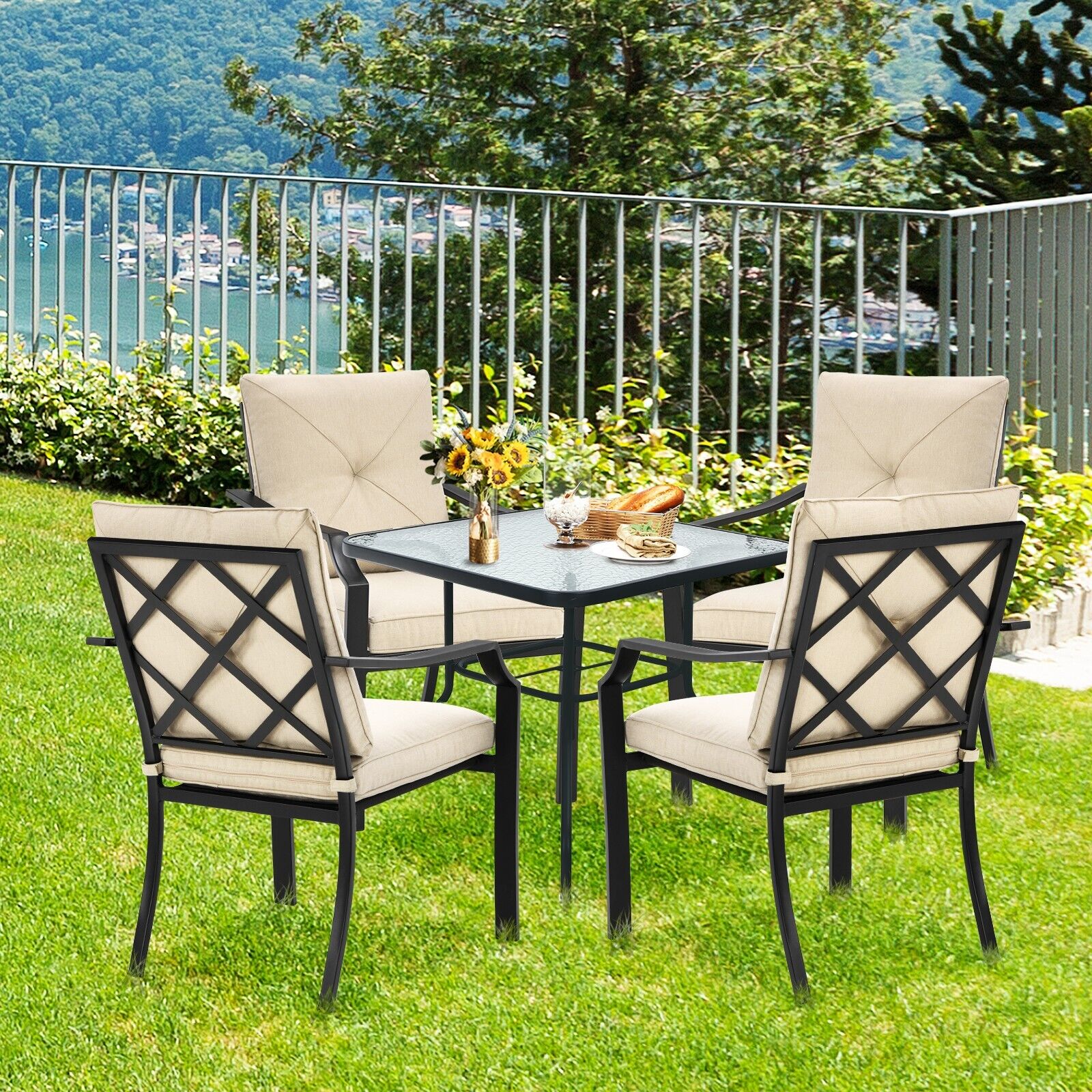 4 Pieces Stackable Outdoor Dining Chair Set with Removable Cushions-Beige