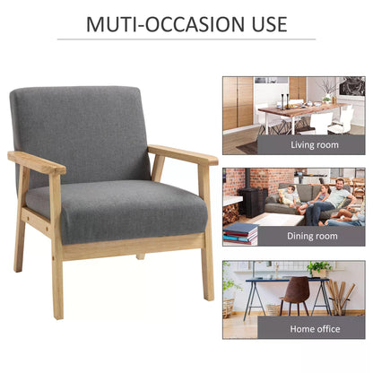 HOMCOM Minimalistic Accent Chair Wood Frame w/Thick Linen Cushions Wide Seat Mid Century Armchair Home Furniture Bedroom Office Grey