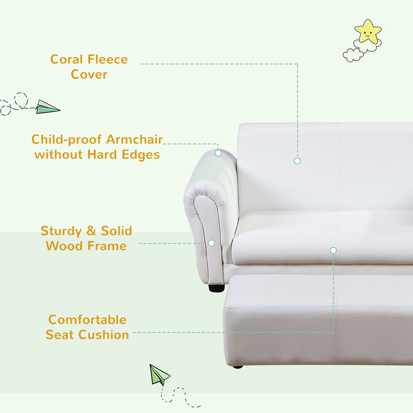 HOMCOM 2 Seater Toddler Chair Kids Twin Sofa Childrens Double Seat Chair Furniture Armchair Boys Girls Couch w/ Footstool (White)