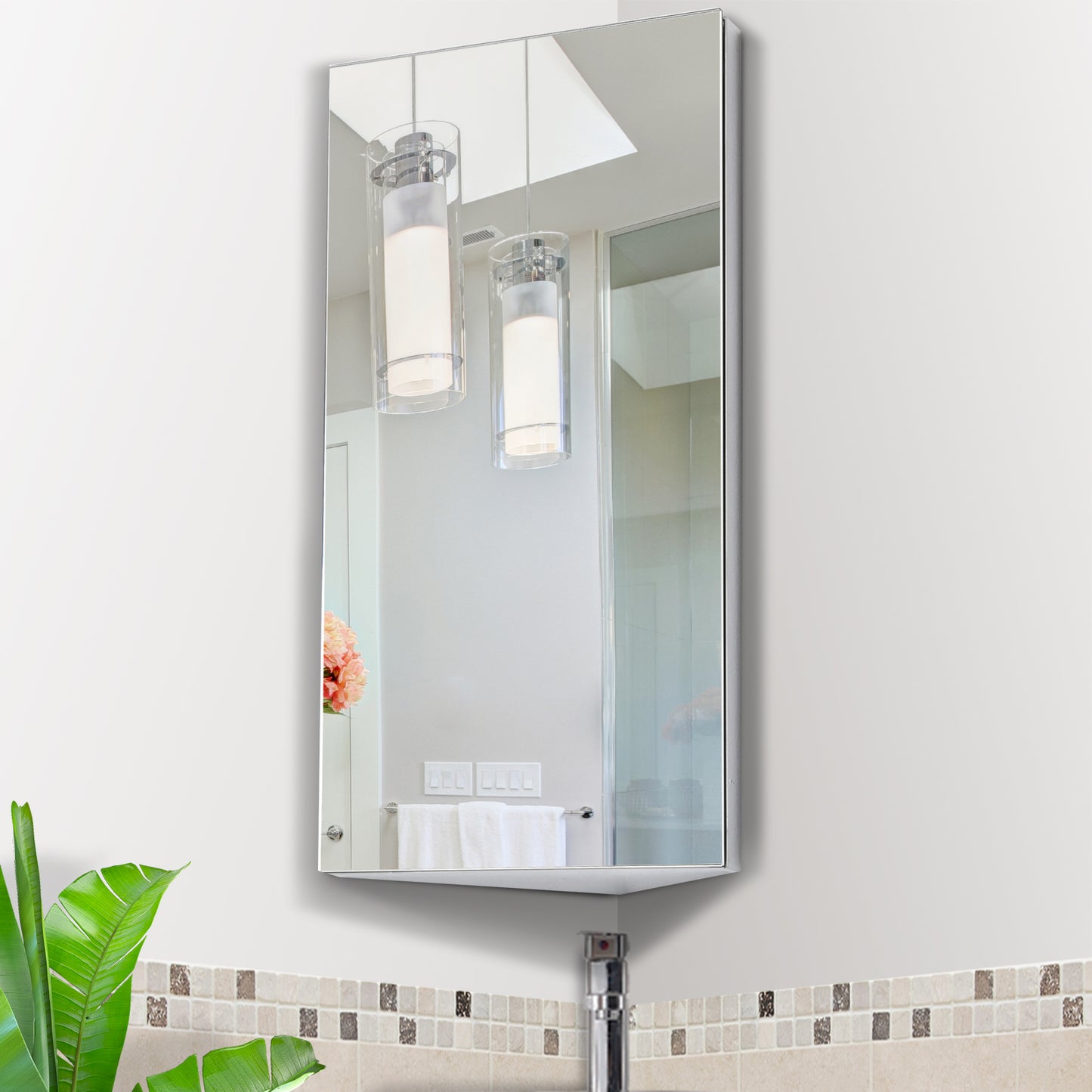 HOMCOM Mirror Cabinet for Bathroom Mirror Cupboard Corner Stainless Steel Wall mounted Single Door 300mm (W)