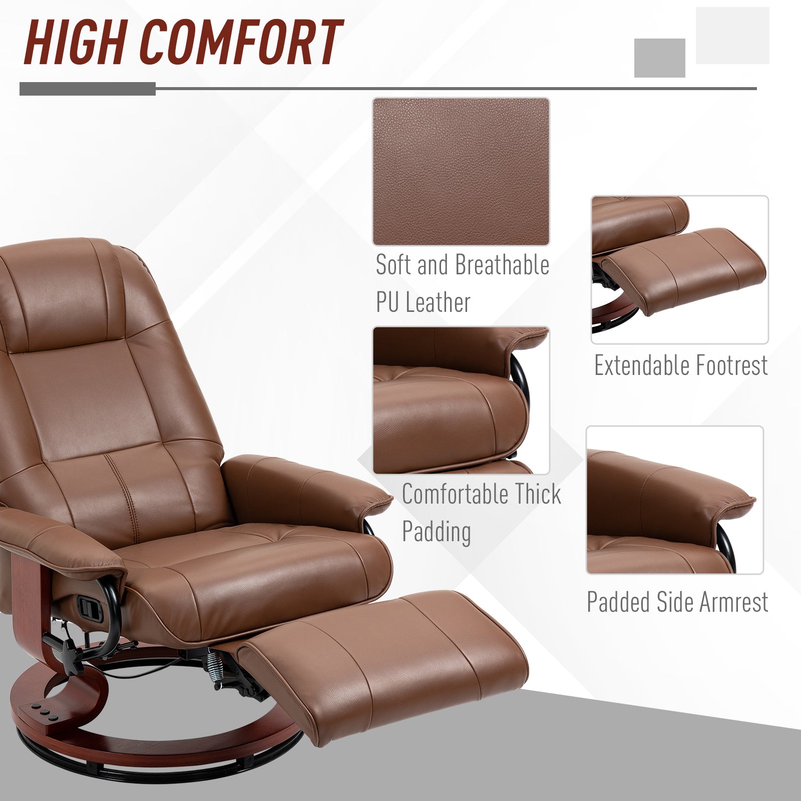 HOMCOM Swivel Recliner, Faux Leather Reclining Chair, Upholstered Armchair with Wooden Base for Living Room, Bedroom, Brown