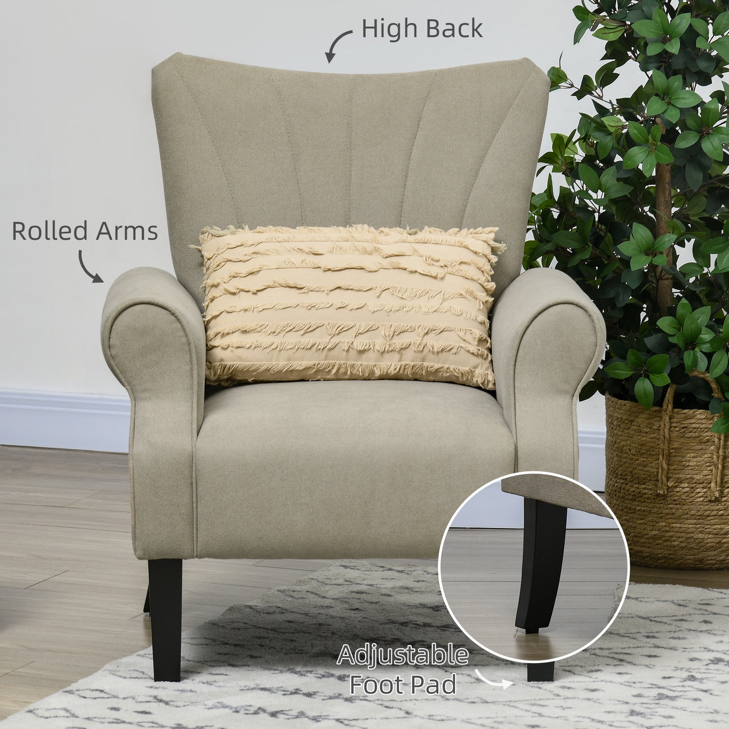 HOMCOM Upholstered Accent Chair with High Back, Rolled Arms and Wood Legs, Soft Thick Padded Armchair, Beige