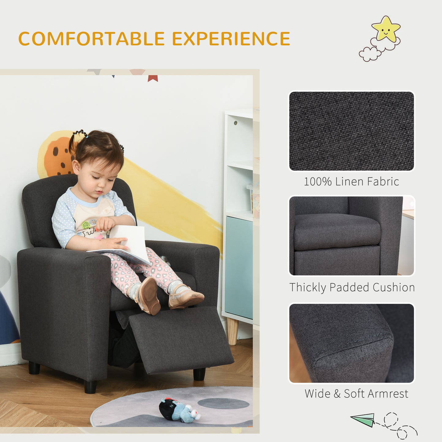 HOMCOM 2 in 1 design Kids Sofa Armchair with Footrest for Children Playroom Bedroom Living Room, 55 x 50 x 67cm, Grey