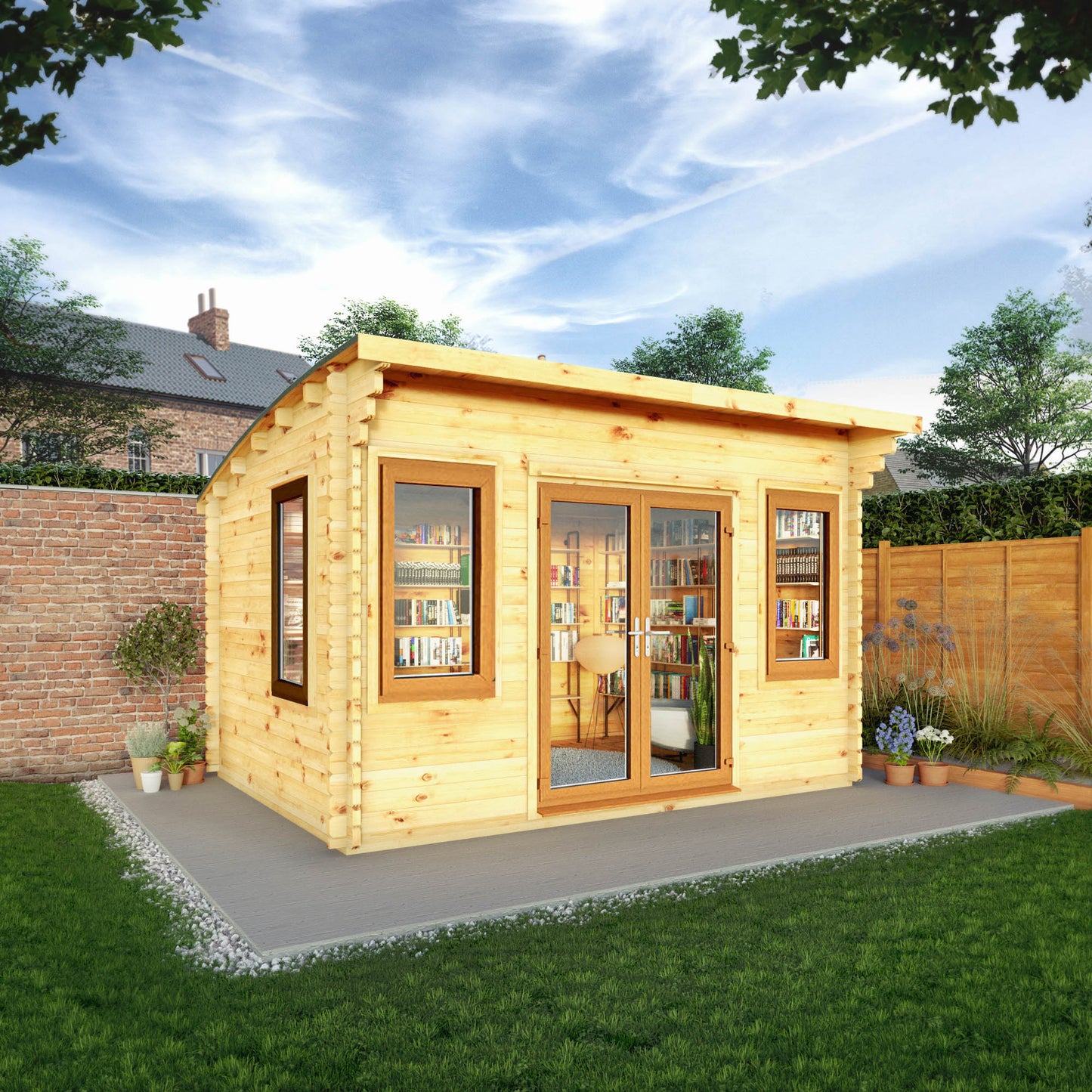 4M X 3M Curved Roof Log Cabin - 44Mm (Upvc Windows & Door) - Oak