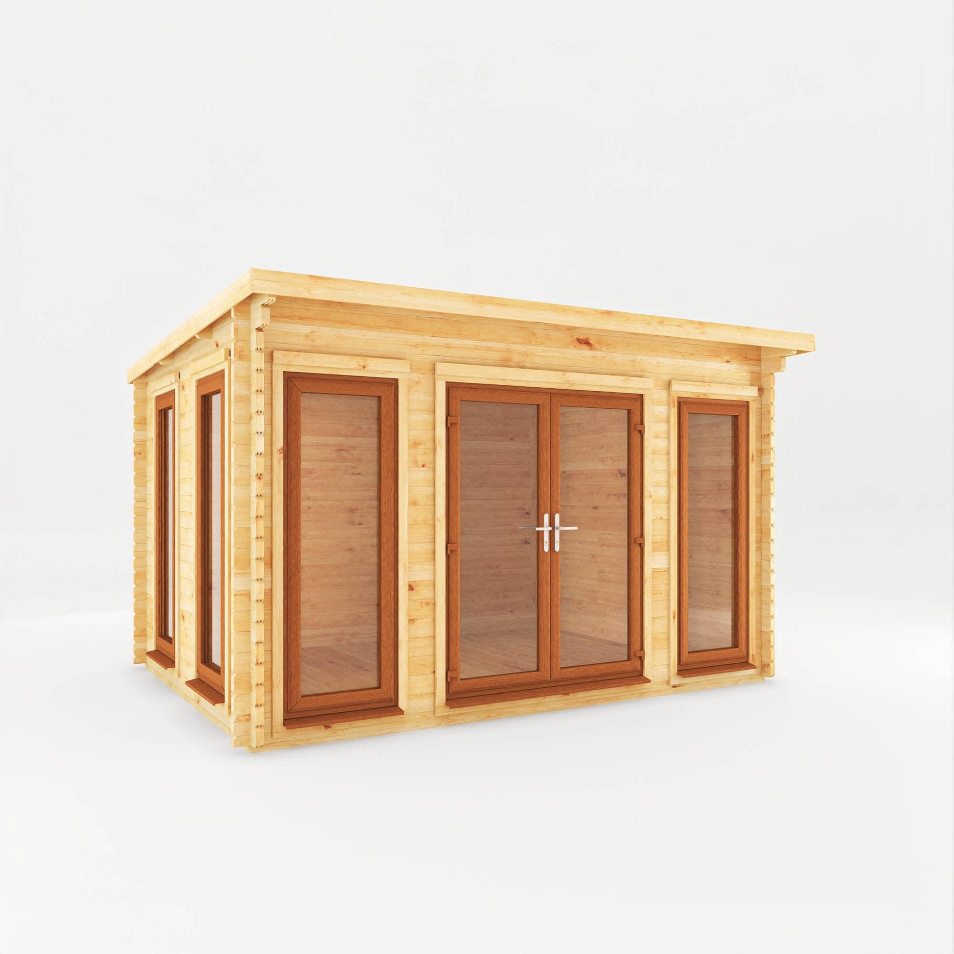 4M X 3M Studio Pent Log Cabin - 44Mm (Upvc Windows & Door) - Oak