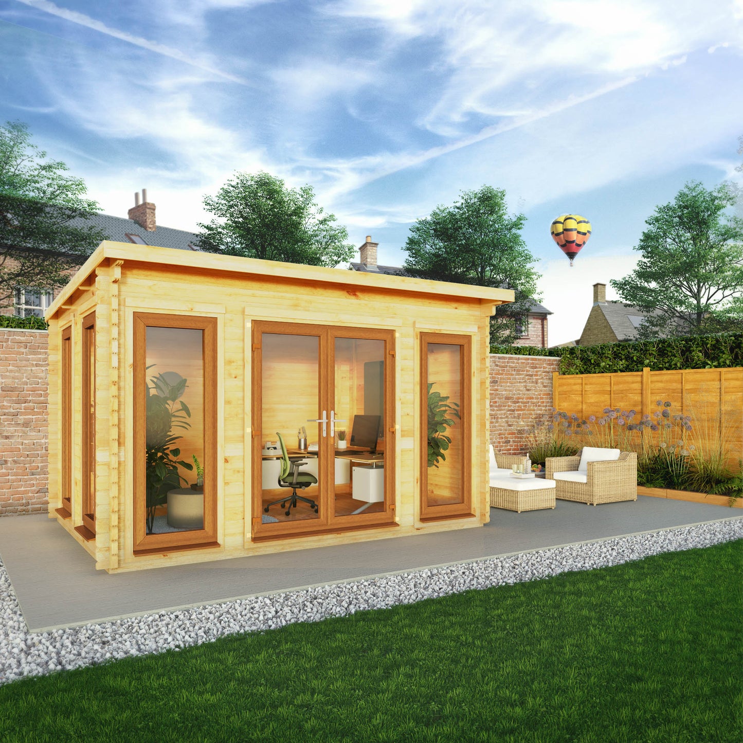 4M X 3M Studio Pent Log Cabin - 44Mm (Upvc Windows & Door) - Oak