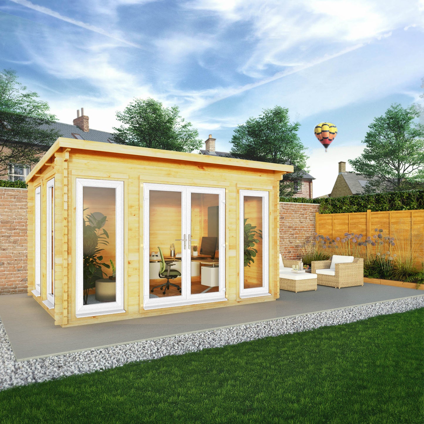 4M X 3M Studio Pent Log Cabin - 44Mm (Upvc Windows & Door) - White