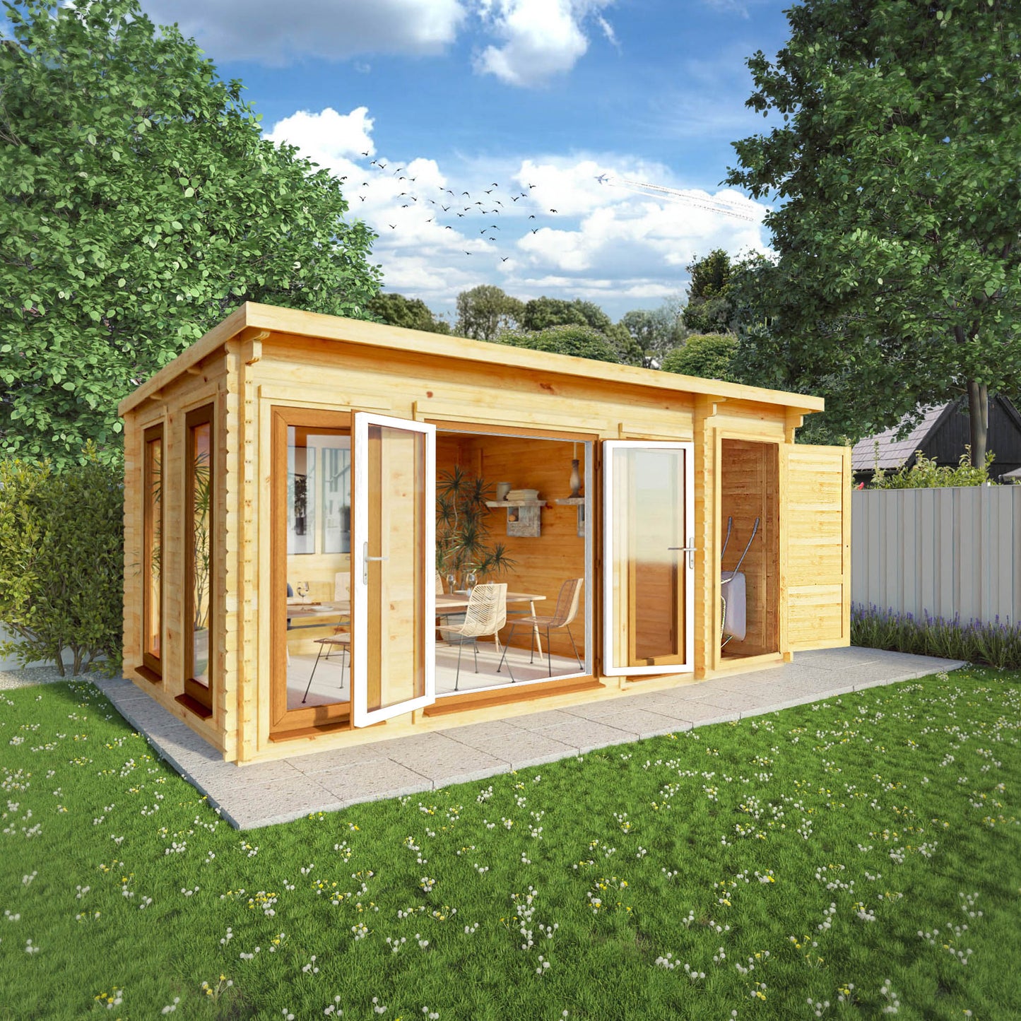 5.1M X 3M Studio Pent Log Cabin With Side Shed - 44Mm  (Upvc Windows & Door) - Oak