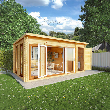 5.1M X 3M Studio Pent Log Cabin With Side Shed - 44Mm  (Upvc Windows & Door) - Oak