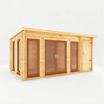 5.1M X 3M Studio Pent Log Cabin With Side Shed - 44Mm  (Upvc Windows & Door) - Oak