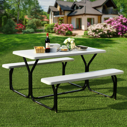 Picnic Table Bench Set with Metal Base Wood for Outdoor-White