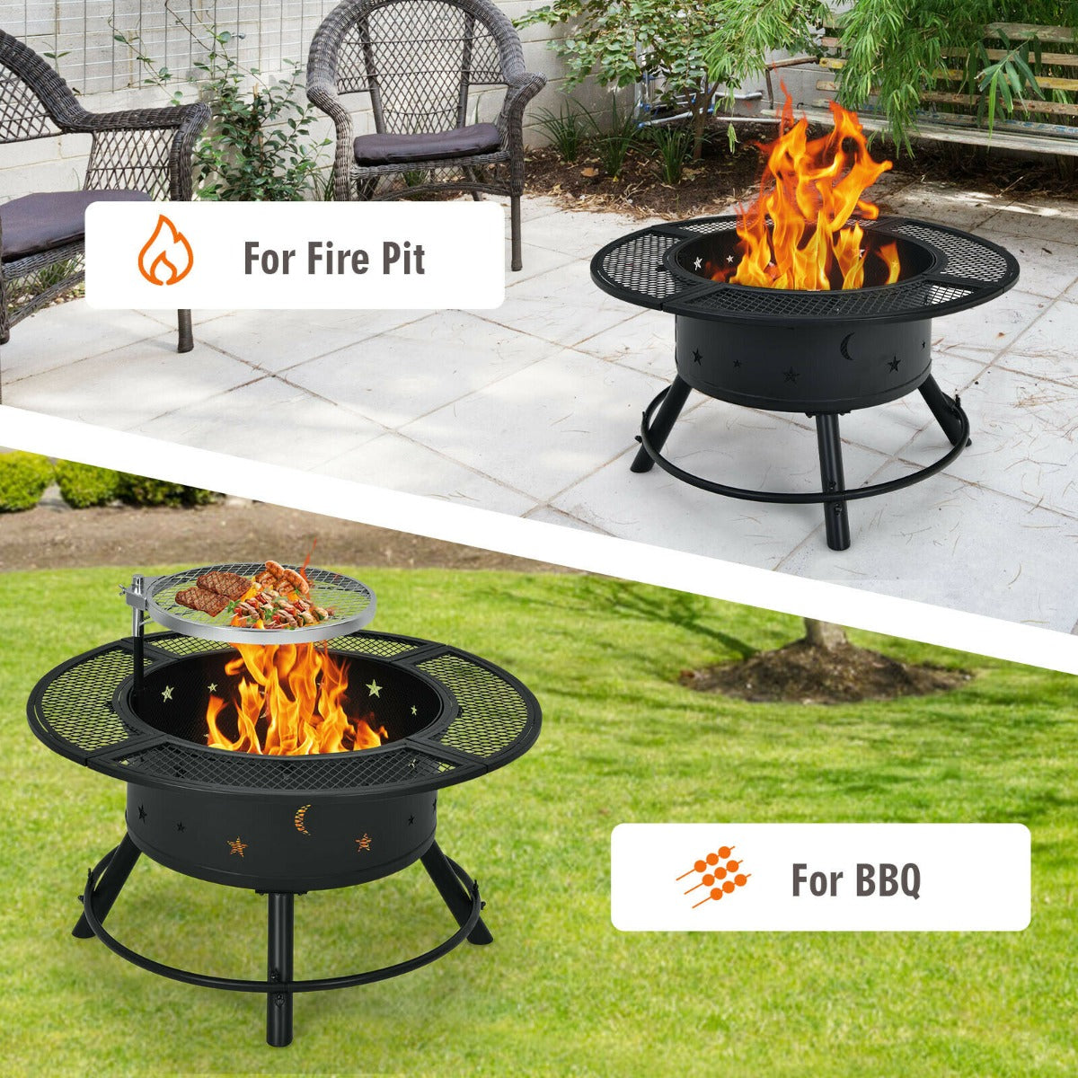 Outdoor Fire Pit with Removable BBQ Grill and Log Grate