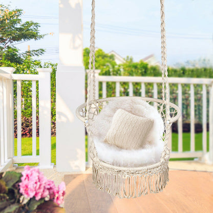 Hanging Swing Chair with Tassels-White