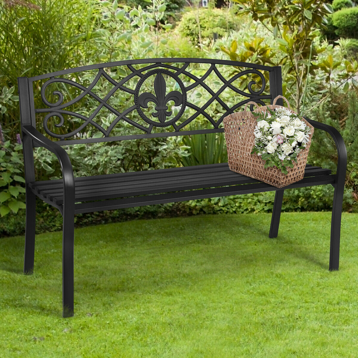 Metal Garden Bench with Fleur De Lis Design