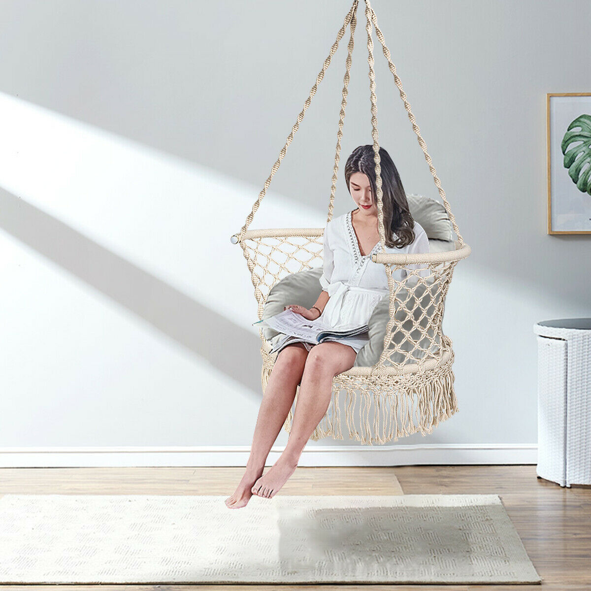 Hanging Swing Chair with Tassels-White