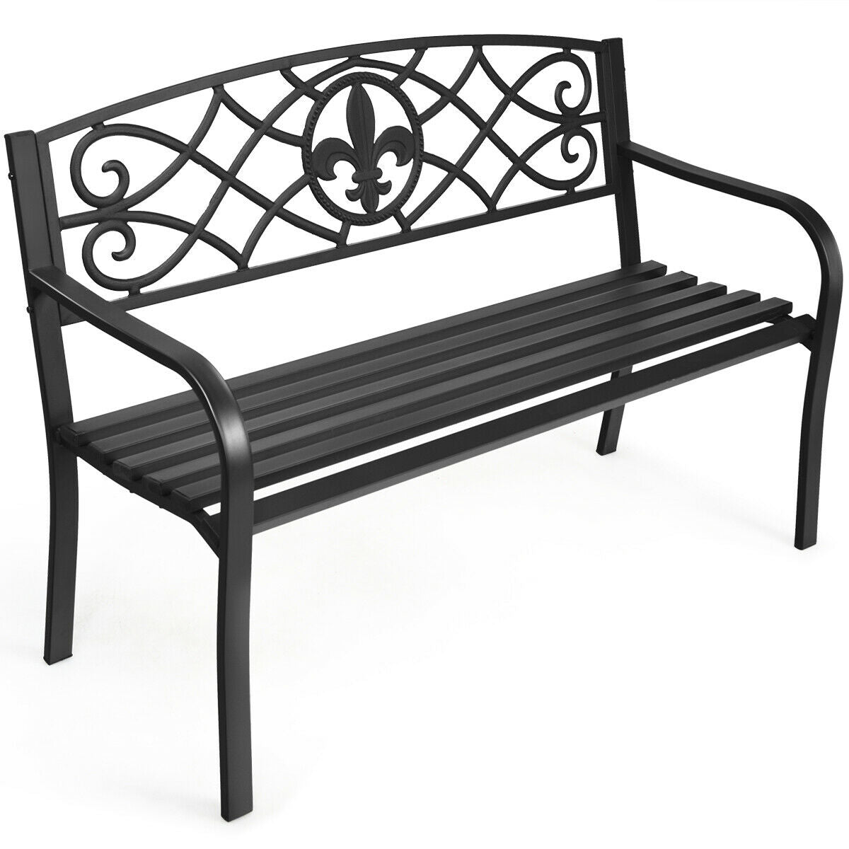 Metal Garden Bench with Fleur De Lis Design