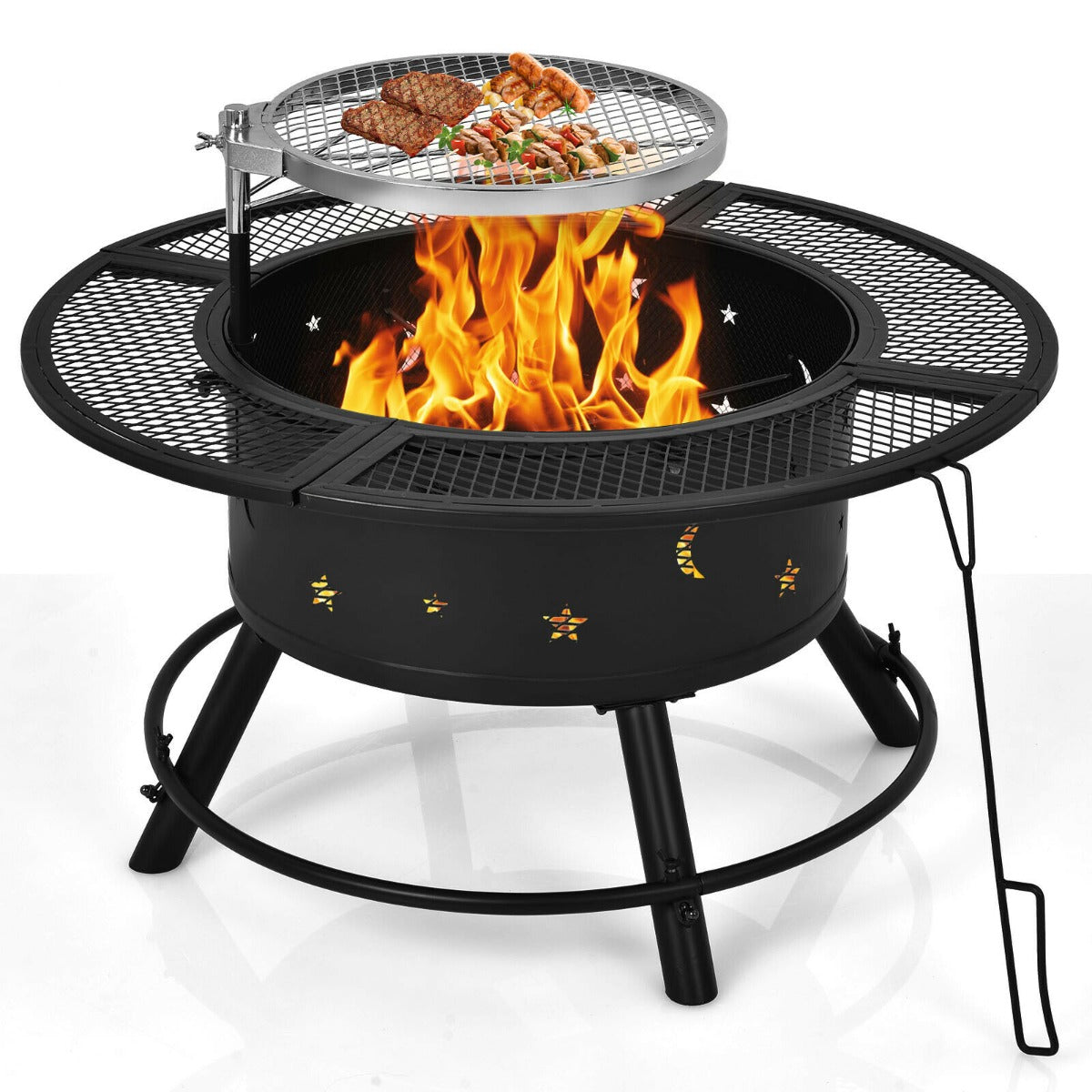 Outdoor Fire Pit with Removable BBQ Grill and Log Grate