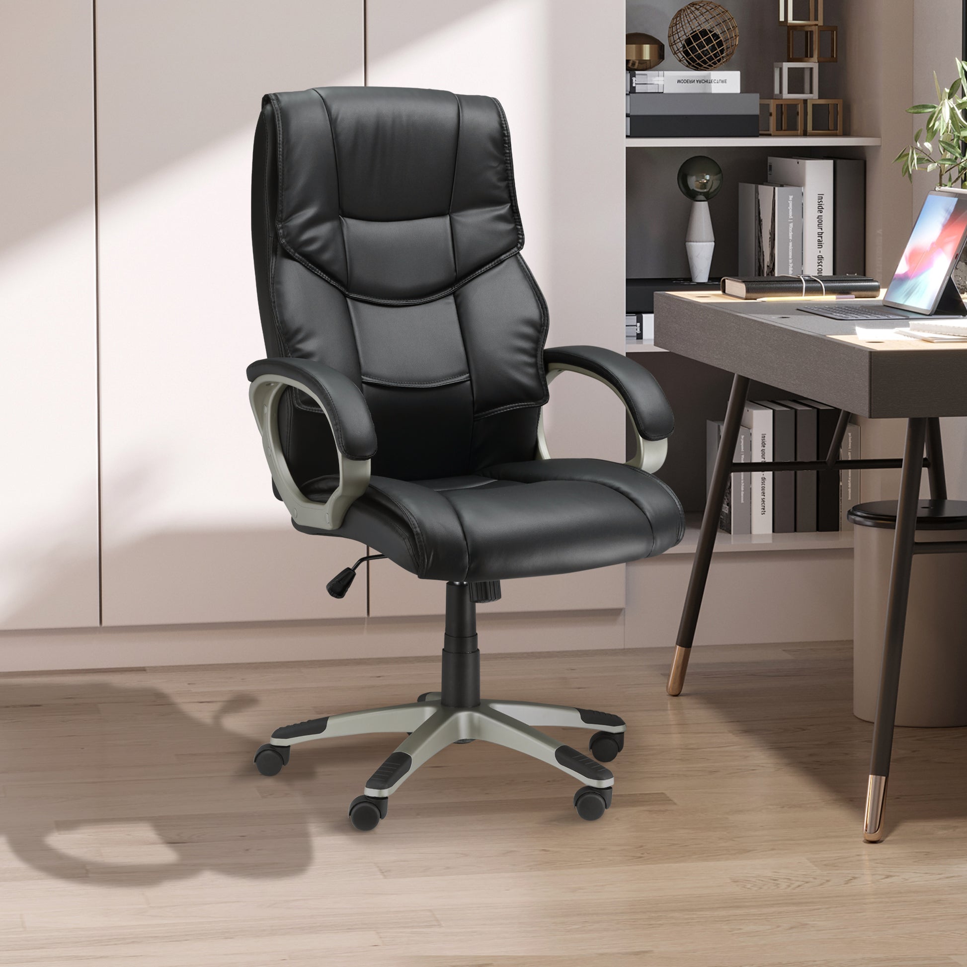 HOMCOM High Back Swivel Chair Computer, Home Office Computer Desk Chair with Faux Leather Adjustable Height Rocking Function Black