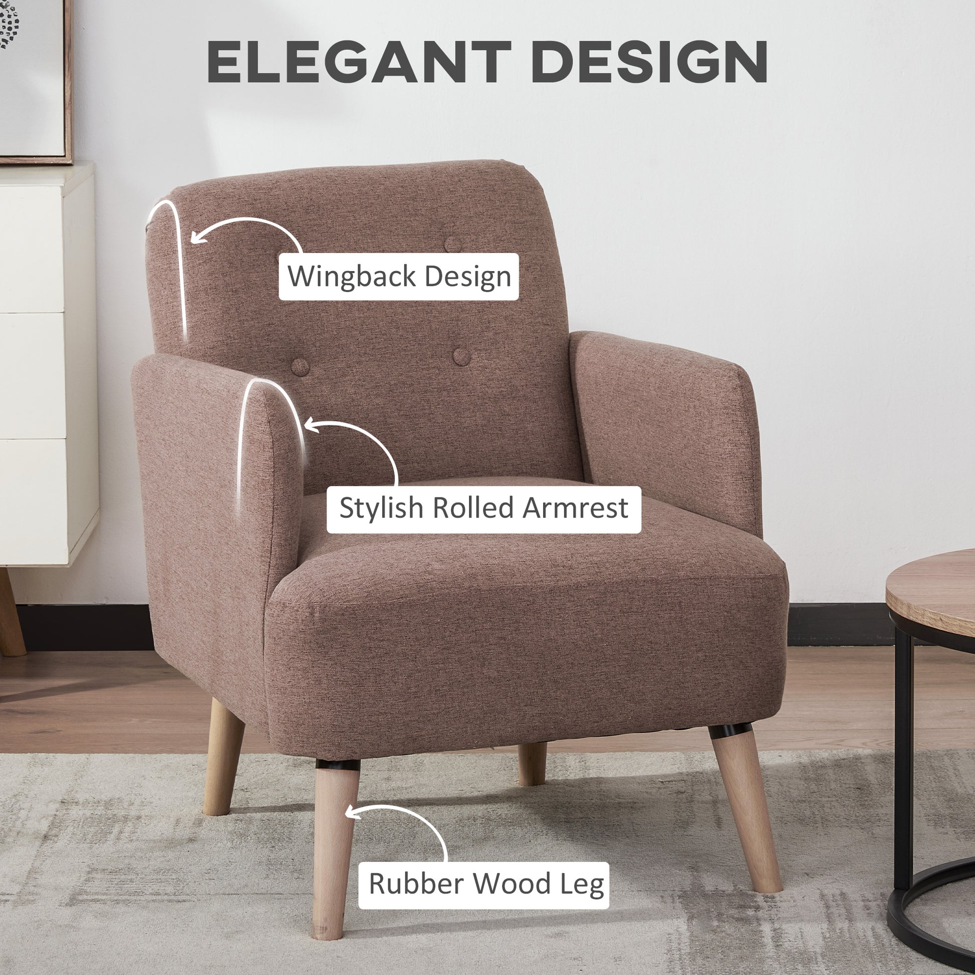 HOMCOM Upholstered Armchair, Nature Wood Frame Living Room Chairs with Birch Wood Legs & Thick Padding Seat and Button Mid-Back, Light Brown