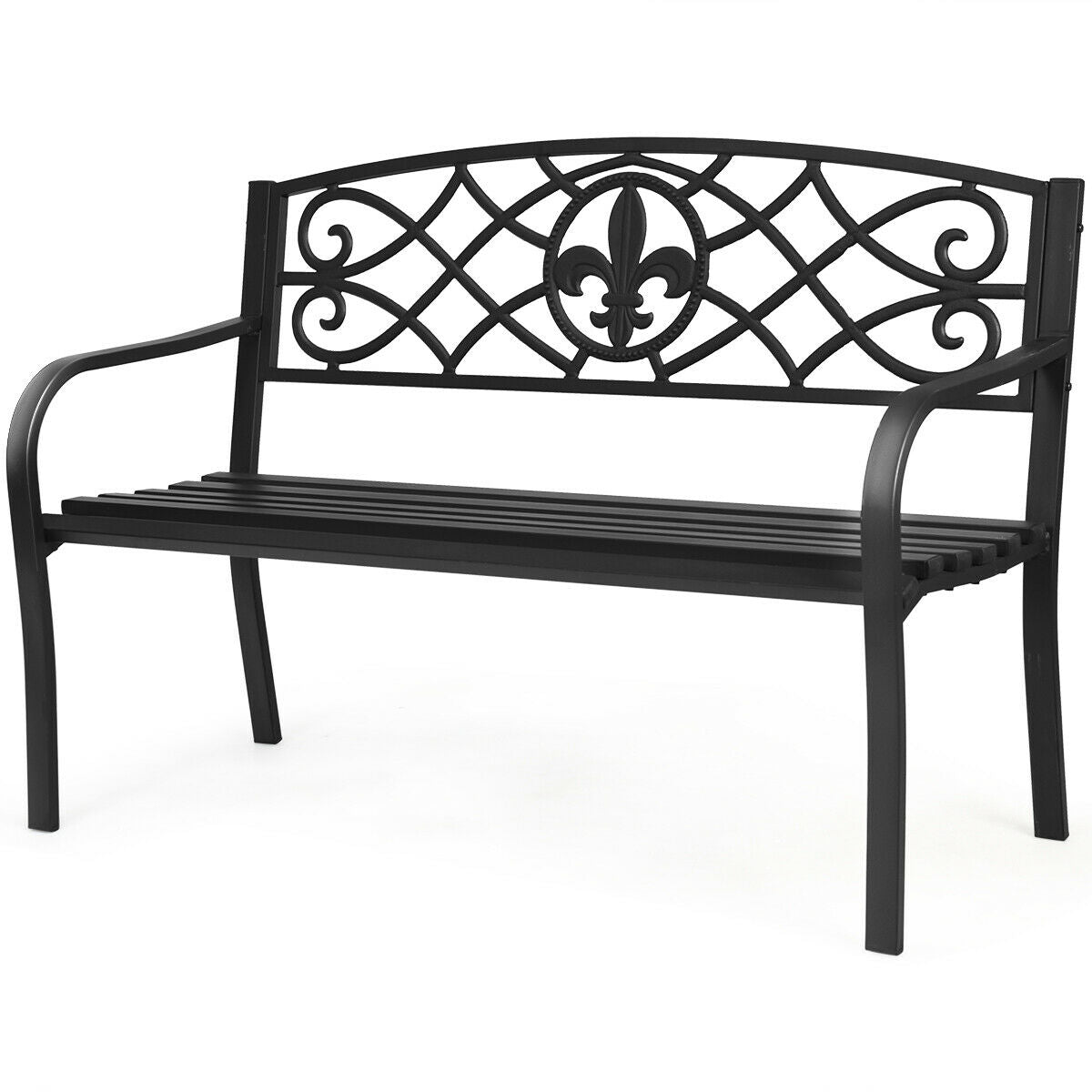 Metal Garden Bench with Fleur De Lis Design