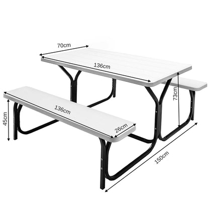 Picnic Table Bench Set with Metal Base Wood for Outdoor-White