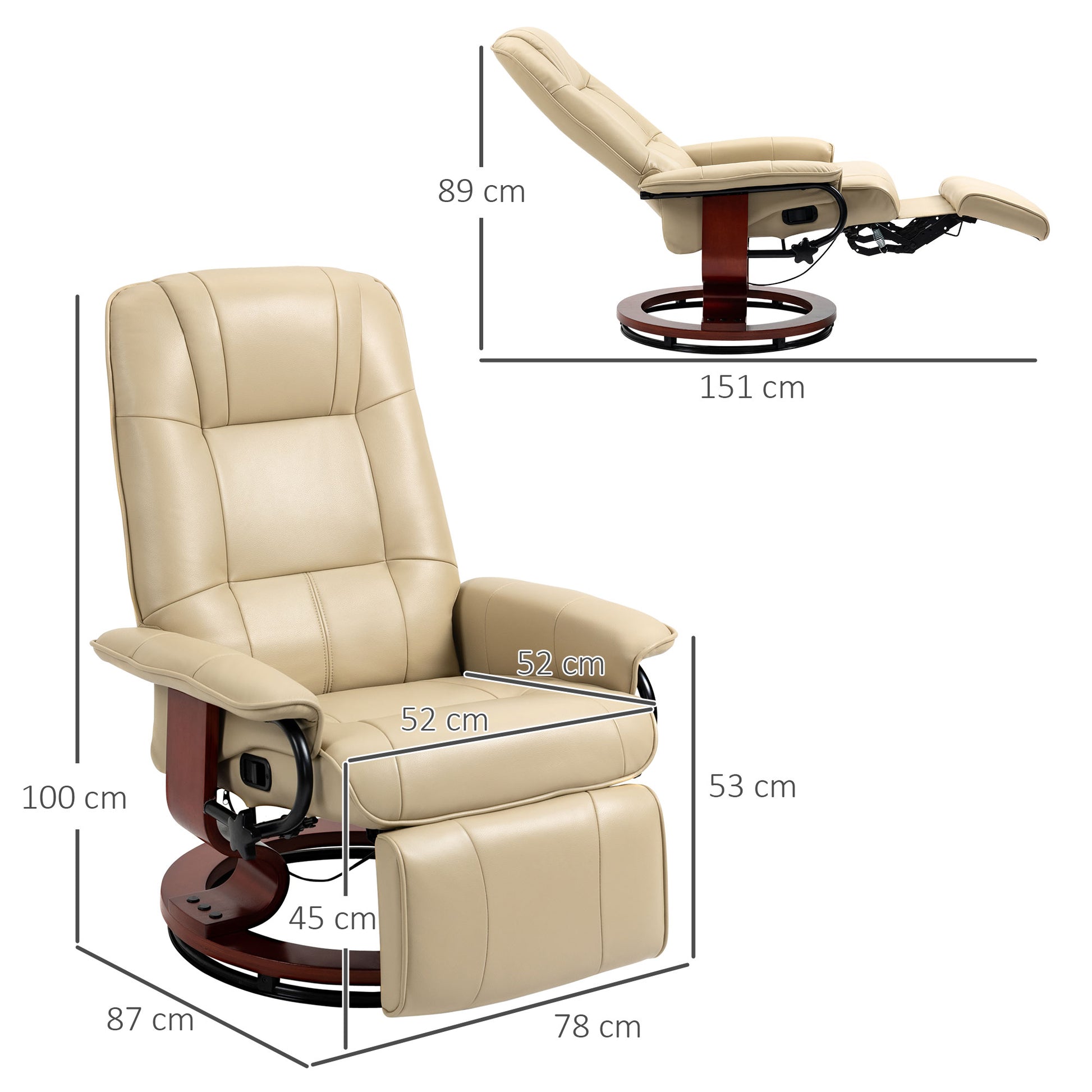 HOMCOM Swivel Recliner, Faux Leather Reclining Chair, Upholstered Armchair with Wooden Base for Living Room, Bedroom, Cream