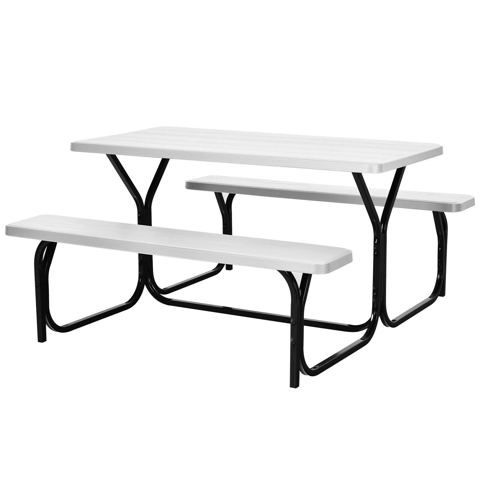 Picnic Table Bench Set with Metal Base Wood for Outdoor-White