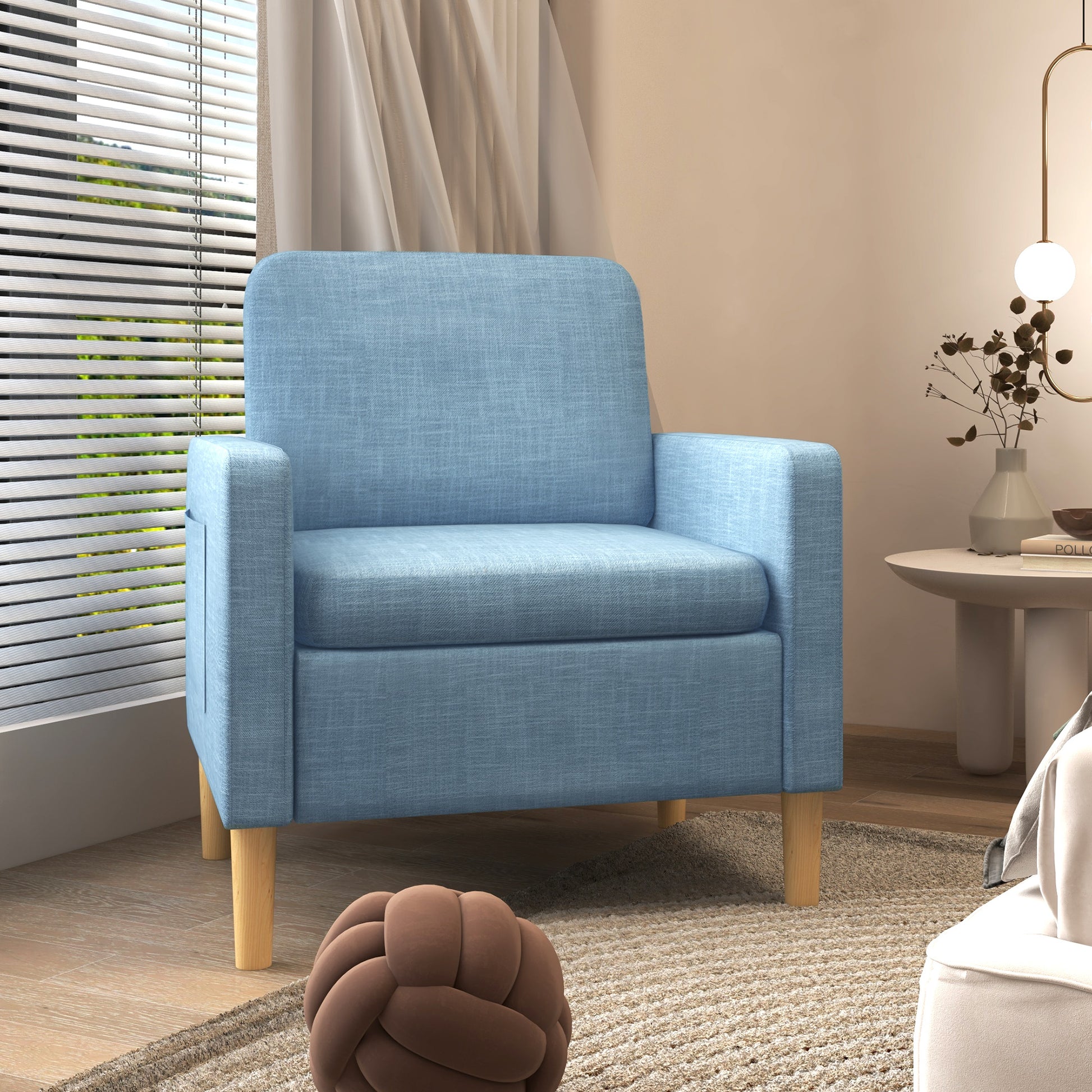 HOMCOM Modern Accent Chair, Comfy Fireside Chair, Upholstered Armchair for Living Room, Bedroom, Home Office, Light Blue