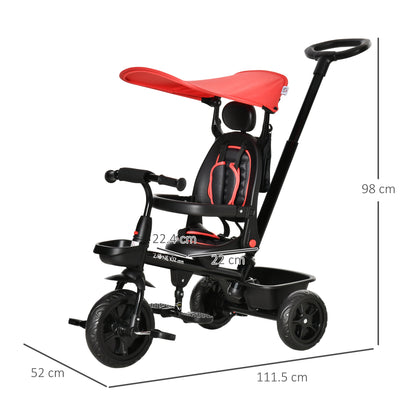 HOMCOM 4 in 1 Baby Tricycle Toddler Stroller Foldable Pedal Tricycle w/ Reversible Angle Adjustable Seat Removable Handle Canopy Handrail Belt-Red