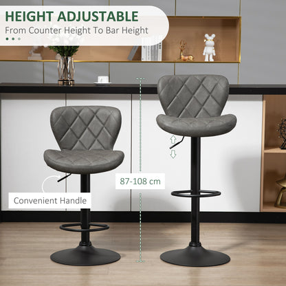 HOMCOM Adjustable Height Bar Stools Set of 2, Swivel Barstools with Backrest and Footrest, Steel Frame Diamond Pattern PU, Kitchen Dining, Dark Grey