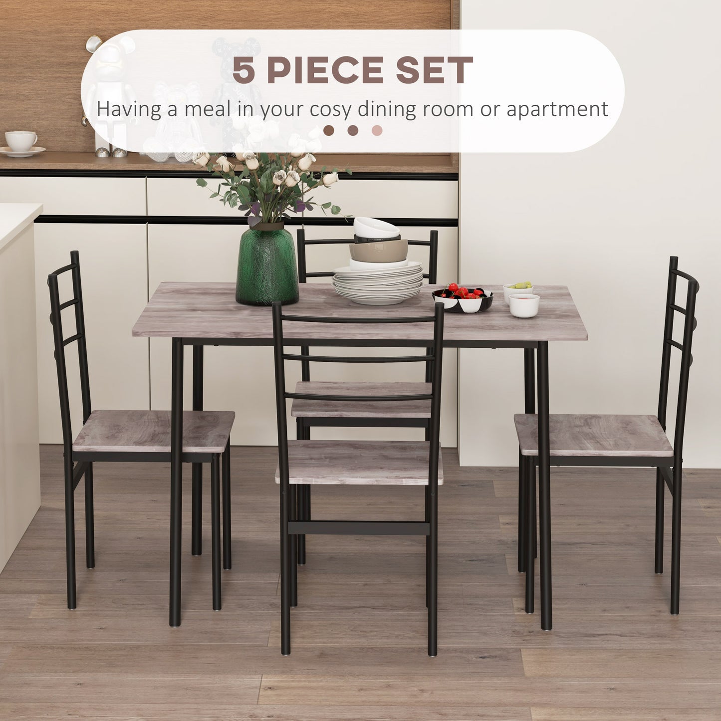 HOMCOM 5 Piece Dining Table and Chairs Set 4, Dining Room Sets, Steel Frame Space Saving Table and 4 Chairs for Compact Kitchens