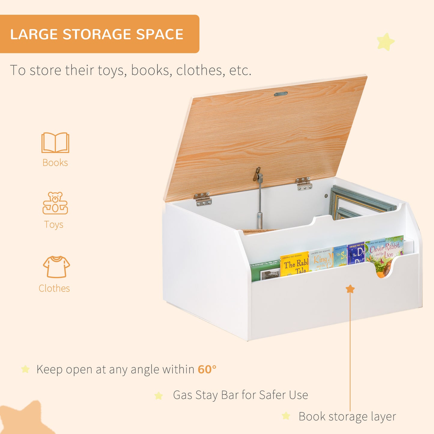 HOMCOM Wooden Kids Children Toy Box Storage Chest Organizer Book Slot Safety Hinge Playroom Furniture White