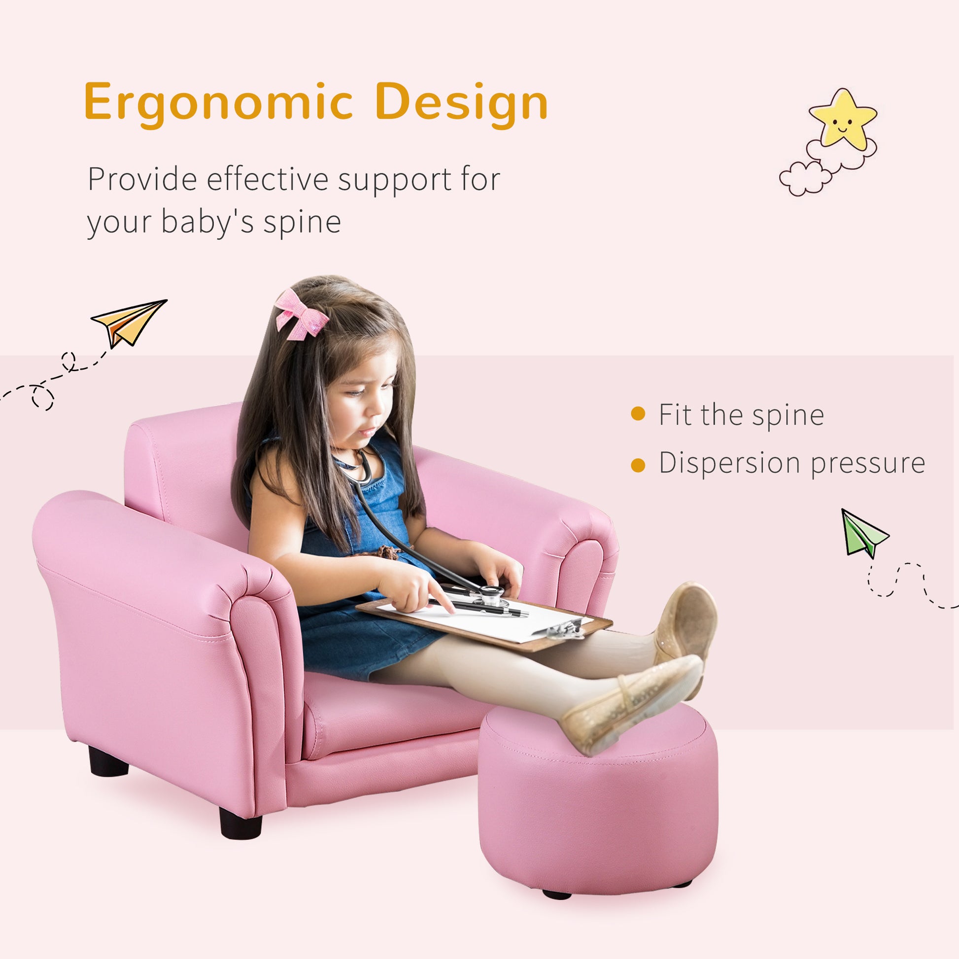 HOMCOM Toddler Chair Single Seater Kids Sofa Set Children Couch Seating Game Chair Seat Armchair w/ Free Footstool (Pink)