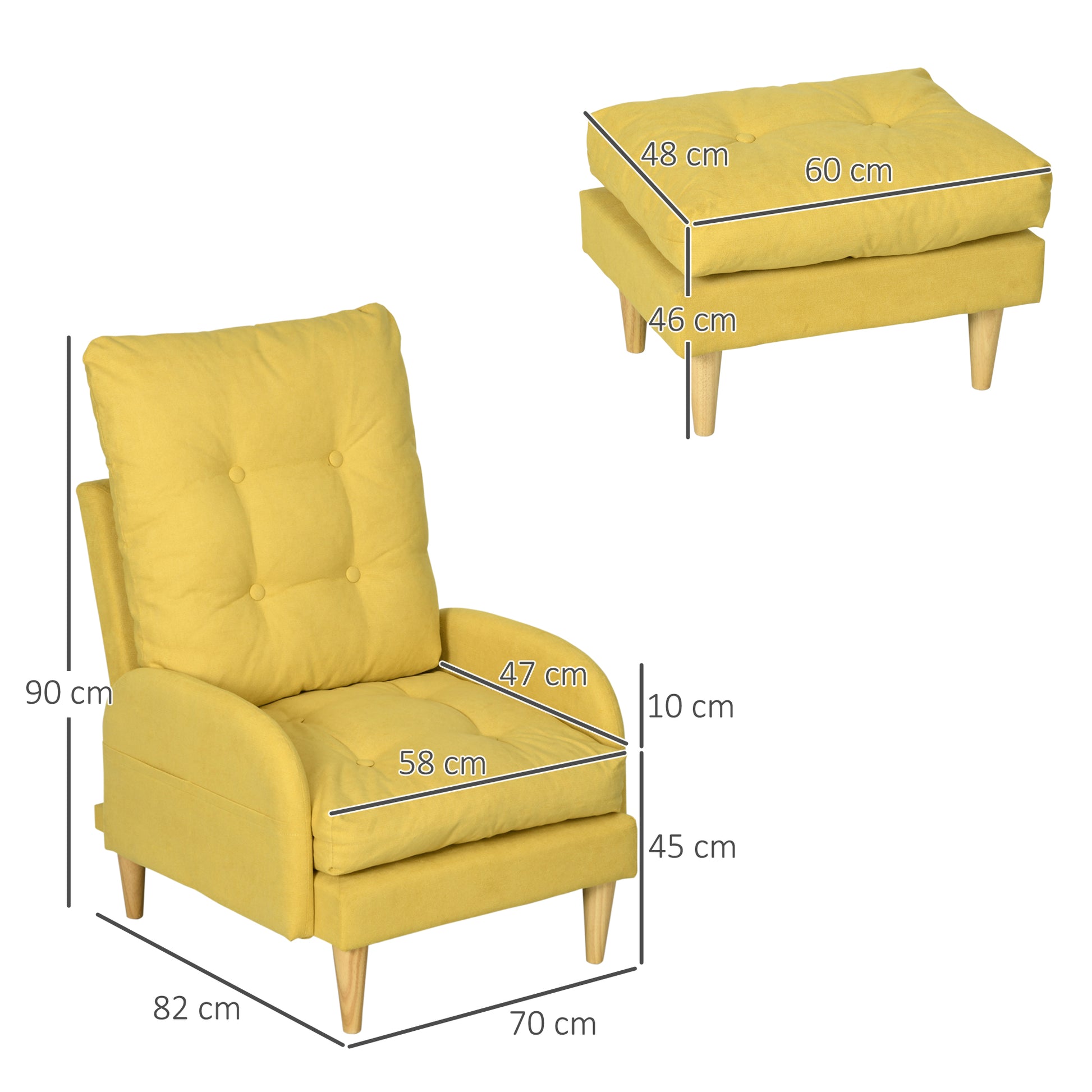 HOMCOM Upholstered Armchair with Footstool Set, Modern Button Tufted Accent Chair w/ Adjustable Backrest, Cushions, Wood Legs and Side Pockets, Yellow