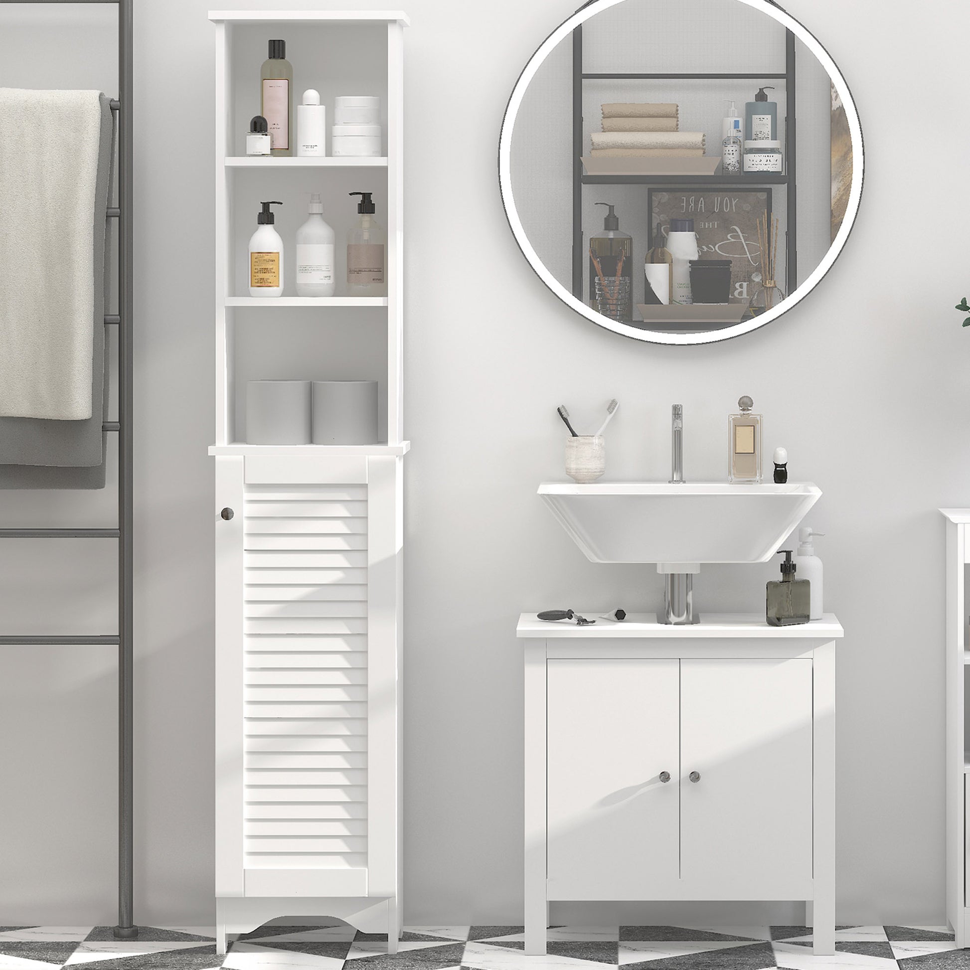 HOMCOM Freestanding Tallboy Bathroom Storage Cabinet w/ 6 Shelves Cupboard Tower Organisation Home Bathroom Furniture White