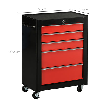 HOMCOM 5-Drawer Tool Chest, Lockable Steel Tool Storage Cabinet with Wheels and Handle Tool Box for Garage, Workshop, Red