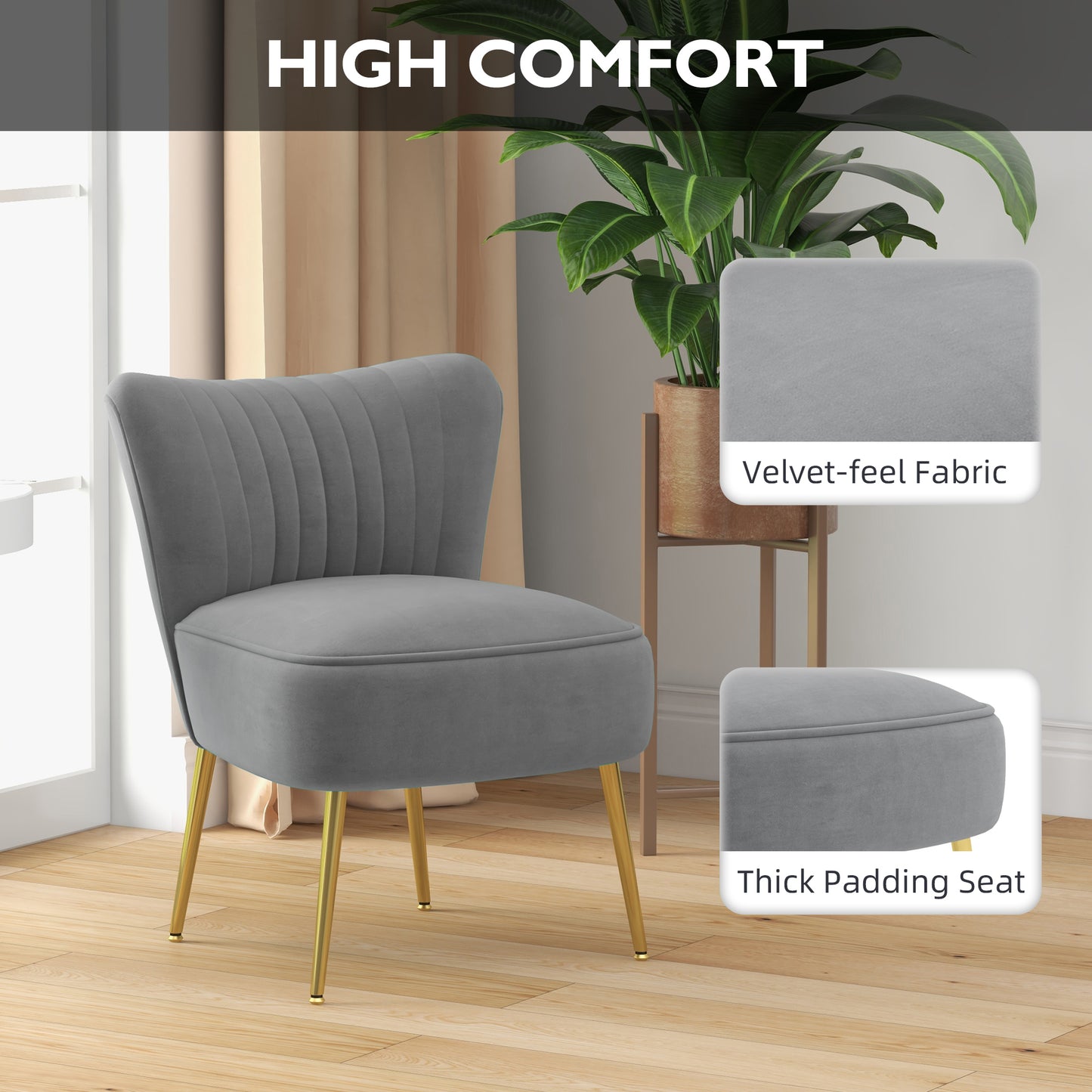 HOMCOM Set of 2 Accent Chairs, Upholstered Living Room Chairs with Gold Tone Steel Legs, Wingback Armless Chairs, Grey