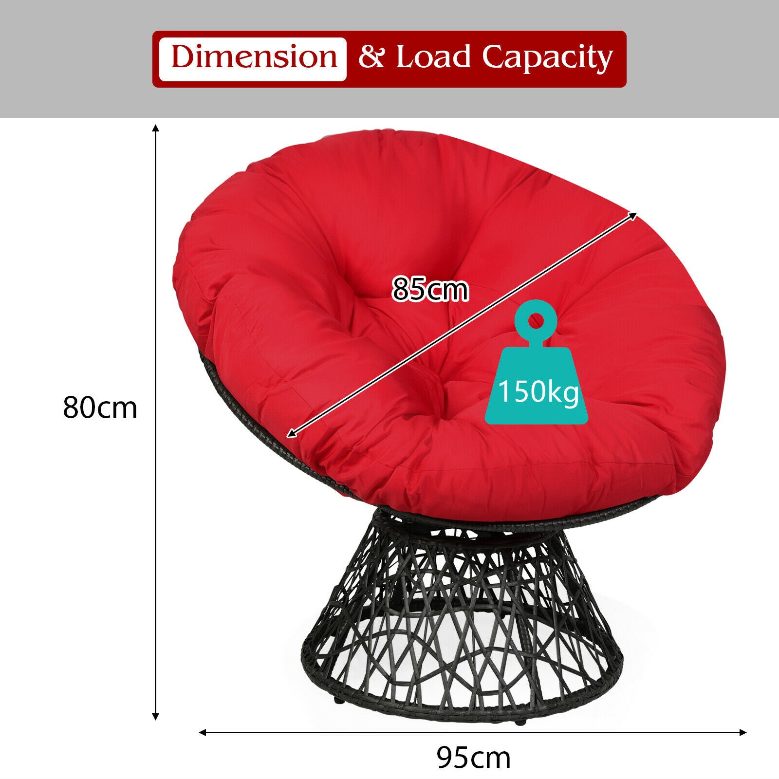 Rattan Papasan Chair with 360° Swivel and Soft Cushion-Red