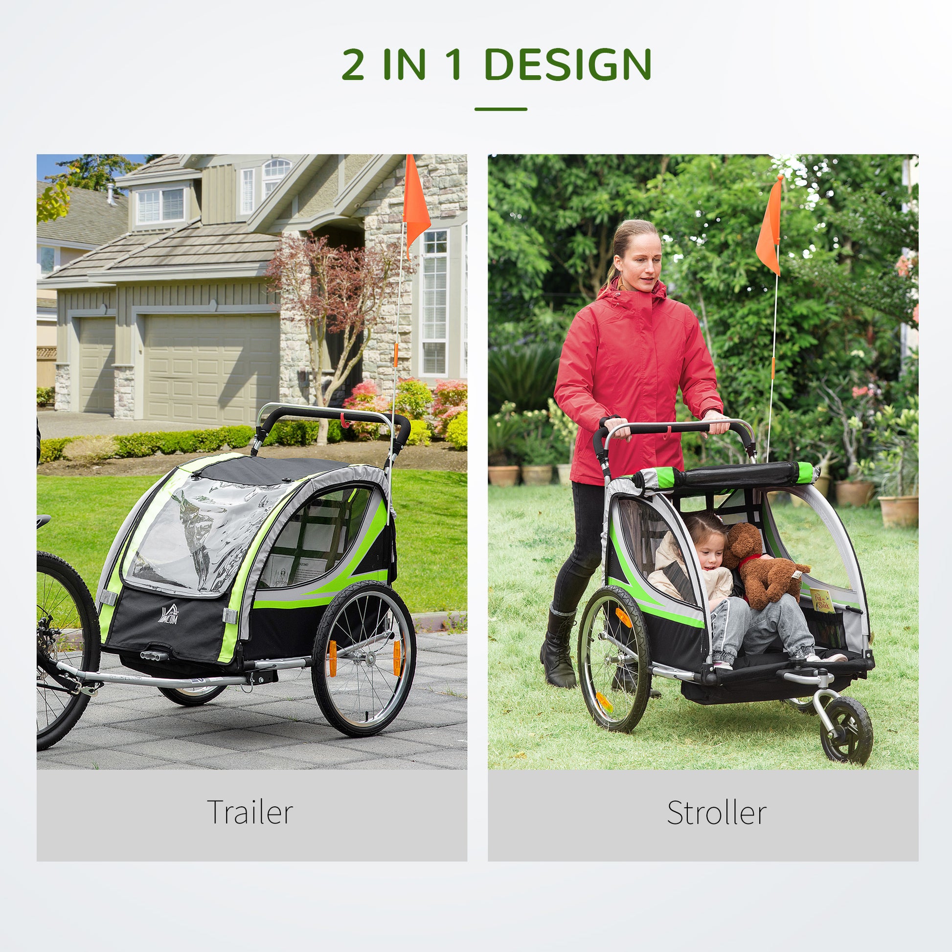 HOMCOM Child Bike Trailer 2 In 1 Baby Stroller 2-Seater Transport Carrier with Hitch Coupler, Brake, 5 Point Harness, Storage Bag, Reflector, Green