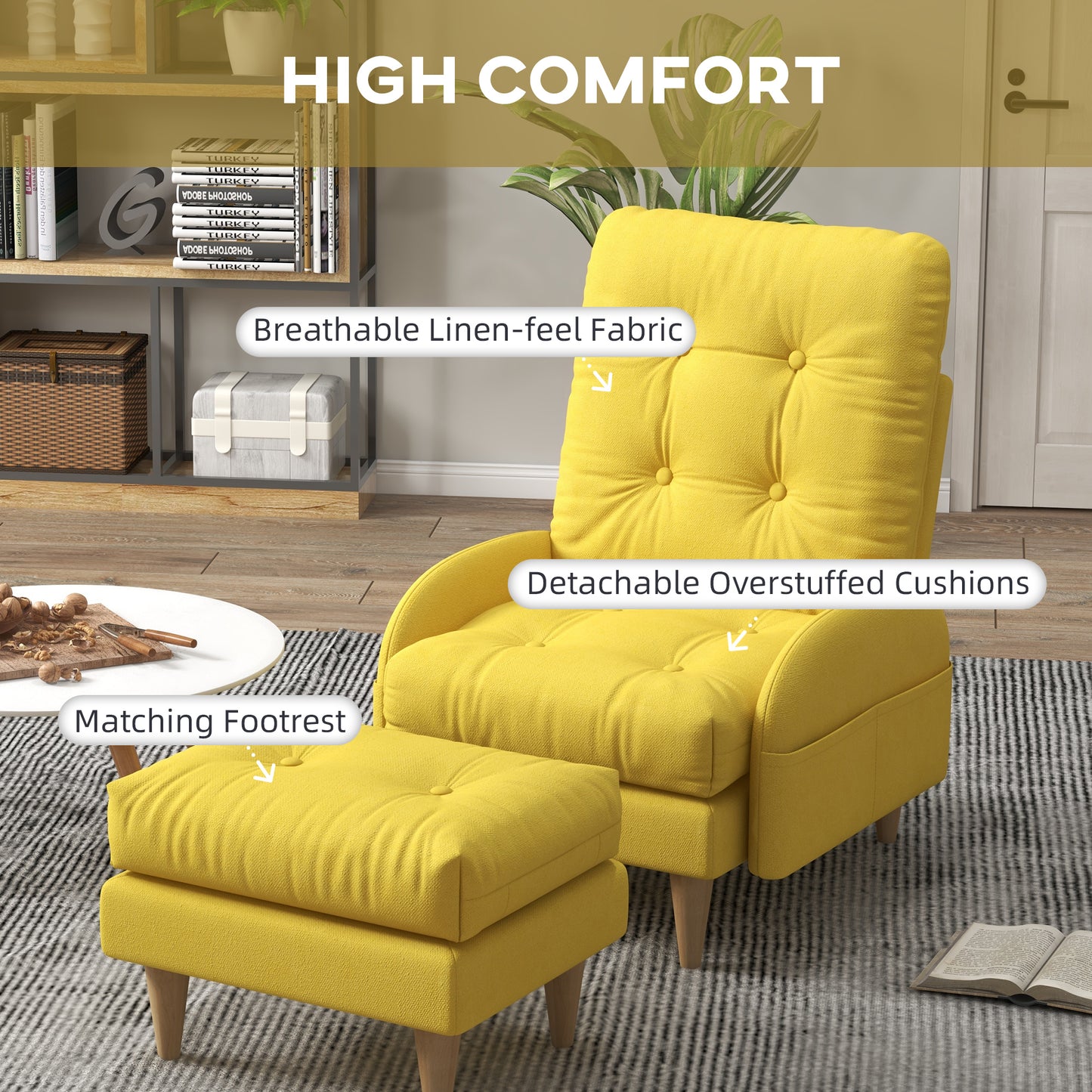 HOMCOM Upholstered Armchair with Footstool Set, Modern Button Tufted Accent Chair w/ Adjustable Backrest, Cushions, Wood Legs and Side Pockets, Yellow