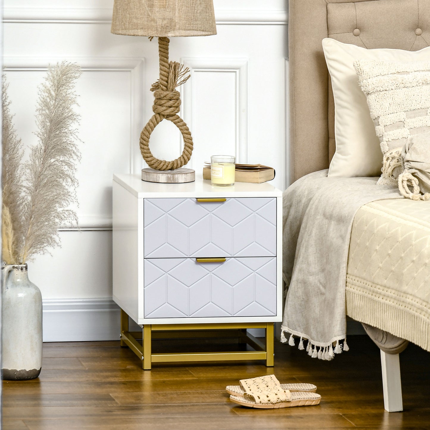 HOMCOM Bedside Table with 2 Drawers, Side Table, Bedside Cabinet with Steel Frame for Living Room, Bedroom, Grey and White