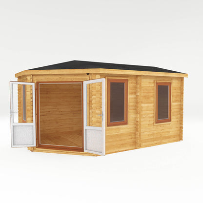 5M X 3M Corner Lodge Log Cabin - 44Mm (Upvc Windows & Door) - Oak